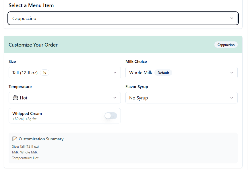 Drink Calculator of Starbucks interface
